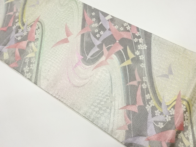 波に抽象蝶・桜模様織り出し袋帯